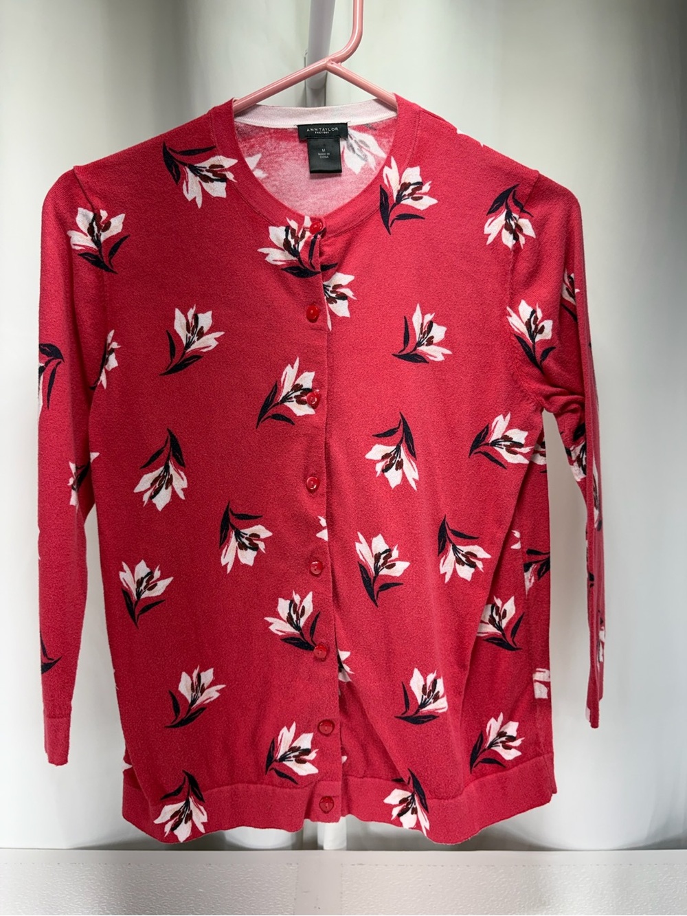 Ann Taylor Pink-Red Floral Button-Up Cardigan 4602